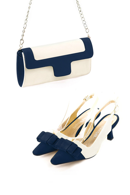 Dress clutch for wedding and parties in off white and navy blue leather - Worn view